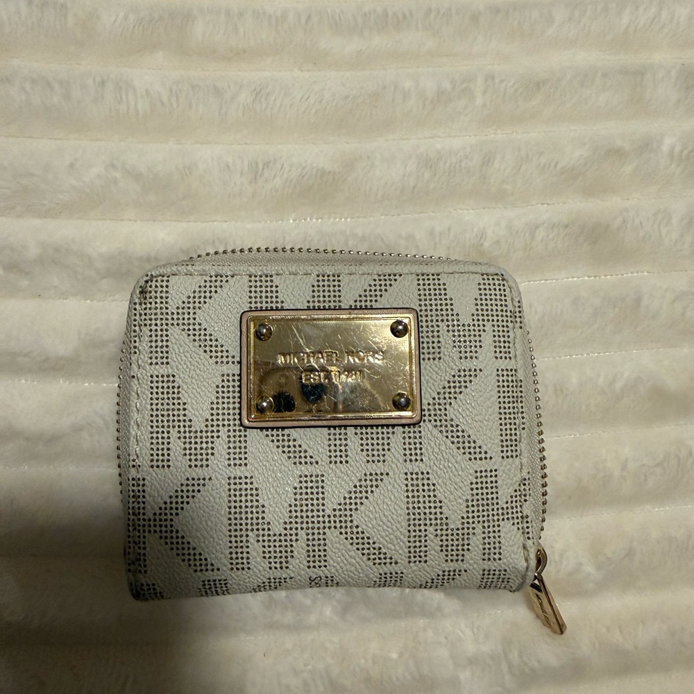Michael Kors Cream Logo Zip Wallet with Gold Plaque